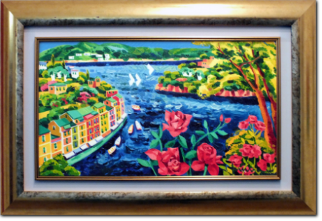 Athos Faccincani - Portofino e tre rose rosse cm 40X70 anno 2009 Olio su Tela