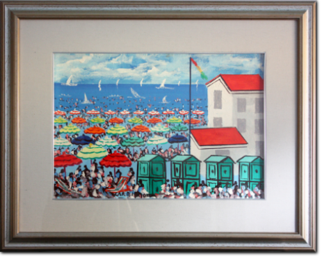 Giuseppe Carrino - Spiaggia 4 cabine verdi cm 35X50 Olio su Cartoncino Tecnico